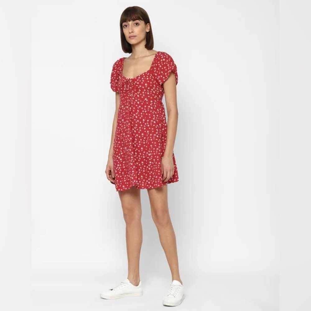 AE Womens Red Floral Flutter Sleeve Mini Dress